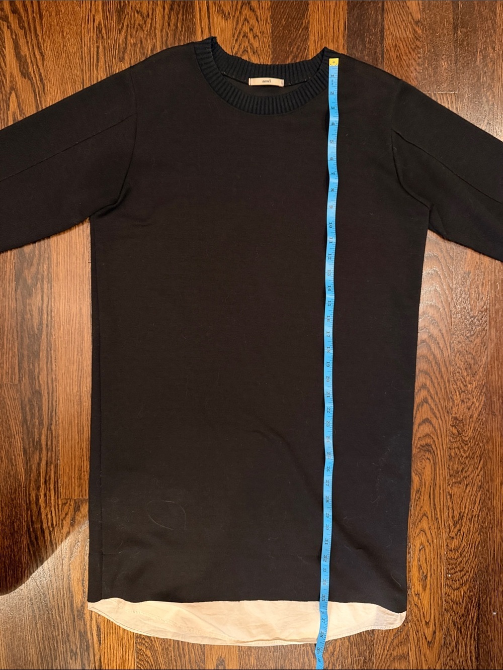 Ami Black Ribbed-Neck Black Crew Sweater Dress with White Accent at the Hem - Picture 9 of 10